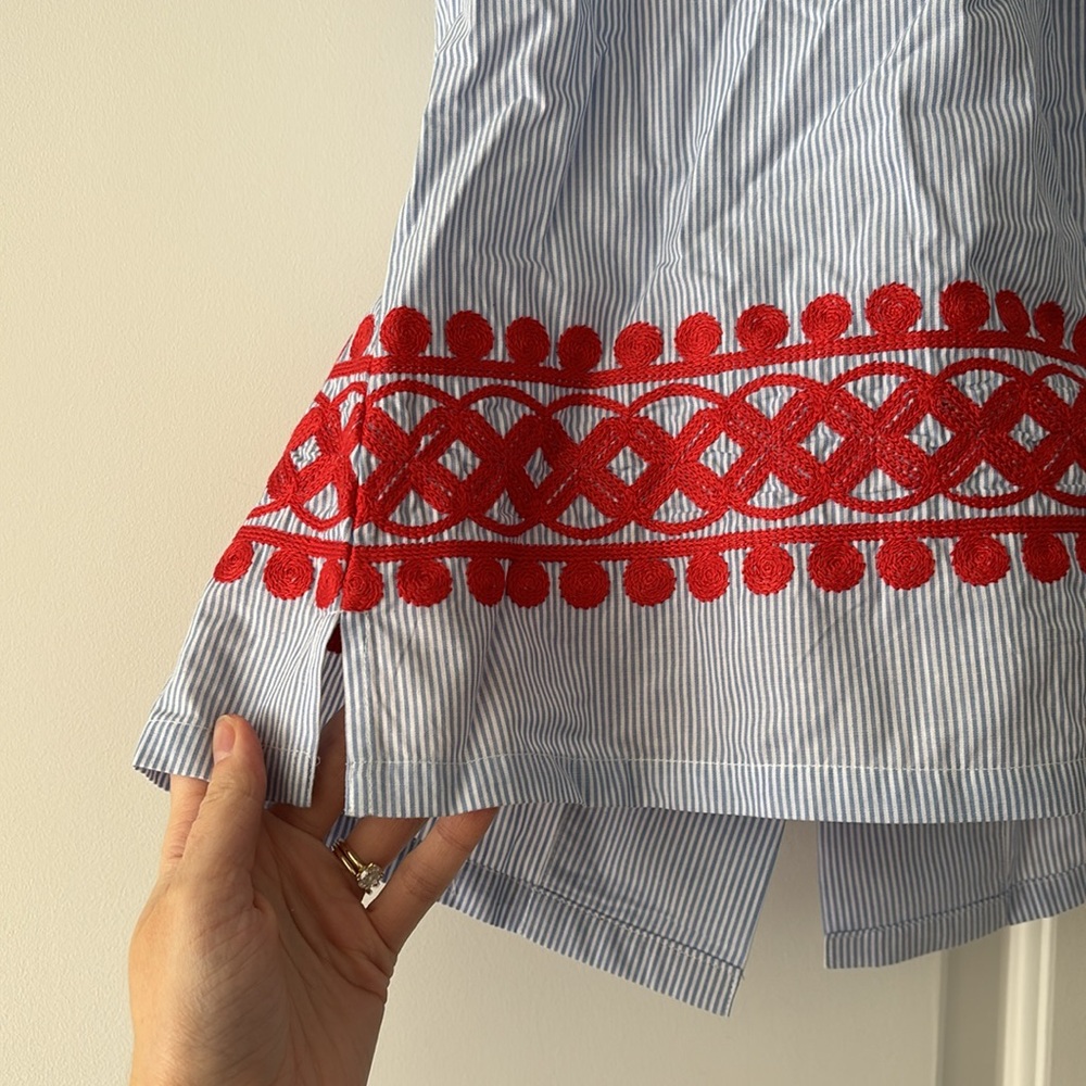 Sail to Sable Light Blue Striped Halter Top with Red Embroidery - Picture 2 of 5